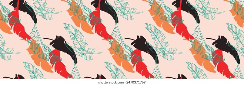 Palm leaves branches exotic Hawaii pattern. Tropical banana tree seamless floral design. Bright background with jungle plants. Vector exotic pattern. Hawaiian picture for textile and fabric. Aloha.