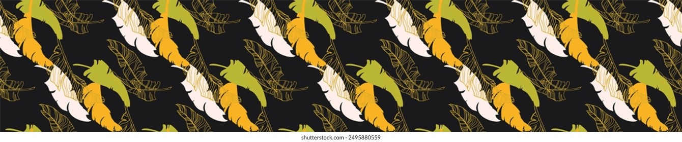 Palm leaves branches exotic Hawaii pattern. Tropical banana tree seamless floral design. Bright background with jungle plants. Vector exotic pattern. Hawaiian picture for textile and fabric. Aloha.