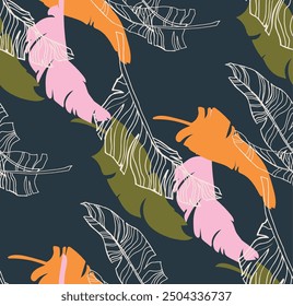 Palm leaves branches exotic Hawaii pattern. Tropical banana tree seamless floral design. Bright background with jungle plants. Vector exotic pattern. Hawaiian picture for textile and fabric. Aloha.