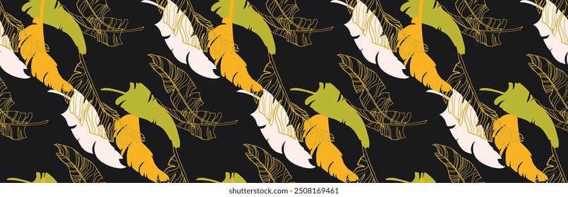 Palm leaves branches exotic Hawaii pattern. Tropical banana tree seamless floral design. Bright background with jungle plants. Vector exotic pattern. Hawaiian picture for textile and fabric. Aloha.