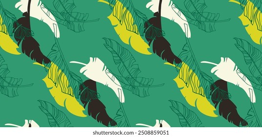 Palmeira deixa ramos padrão havaiano exótico. Bananeira tropical design floral sem costura. Fundo brilhante com plantas da selva. Padrão exótico do vetor. Imagem havaiana para tecido e tecido. Aloha.