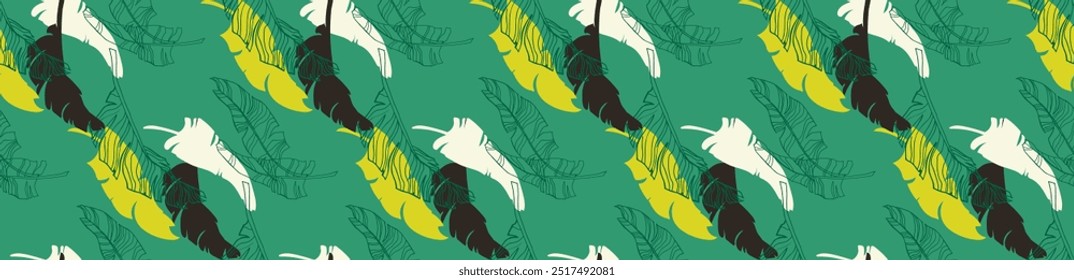 Palmeira deixa ramos padrão havaiano exótico. Bananeira tropical design floral sem costura. Fundo brilhante com plantas da selva. Padrão exótico do vetor. Imagem havaiana para tecido e tecido. Aloha.