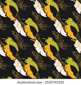 Palmeira deixa ramos padrão havaiano exótico. Bananeira tropical design floral sem costura. Fundo brilhante com plantas da selva. Padrão exótico do vetor. Imagem havaiana para tecido e tecido. Aloha.