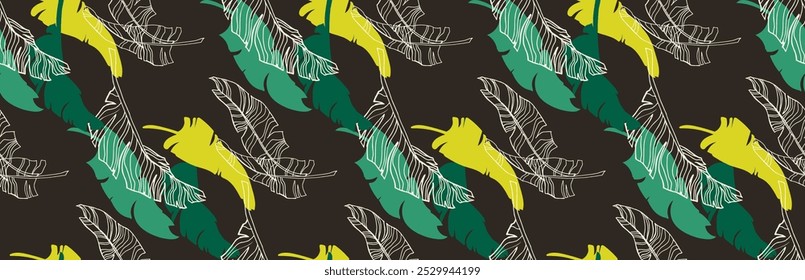 Palmeira deixa ramos padrão havaiano exótico. Bananeira tropical design floral sem costura. Fundo brilhante com plantas da selva. Padrão exótico do vetor. Imagem havaiana para tecido e tecido. Aloha.