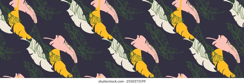 Palmeira deixa ramos padrão havaiano exótico. Bananeira tropical design floral sem costura. Fundo brilhante com plantas da selva. Padrão exótico do vetor. Imagem havaiana para tecido e tecido. Aloha.