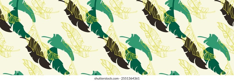 Palmeira deixa ramos padrão havaiano exótico. Bananeira tropical design floral sem costura. Fundo brilhante com plantas da selva. Padrão exótico do vetor. Imagem havaiana para tecido e tecido. Aloha.