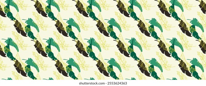 Palm leaves branches exotic Hawaii pattern. Tropical banana tree seamless floral design. Bright background with jungle plants. Vector exotic pattern. Hawaiian picture for textile and fabric. Aloha.