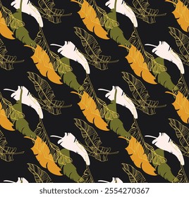 Palm leaves branches exotic Hawaii pattern. Tropical banana tree seamless floral design. Bright background with jungle plants. Vector exotic pattern. Hawaiian picture for textile and fabric. Aloha.