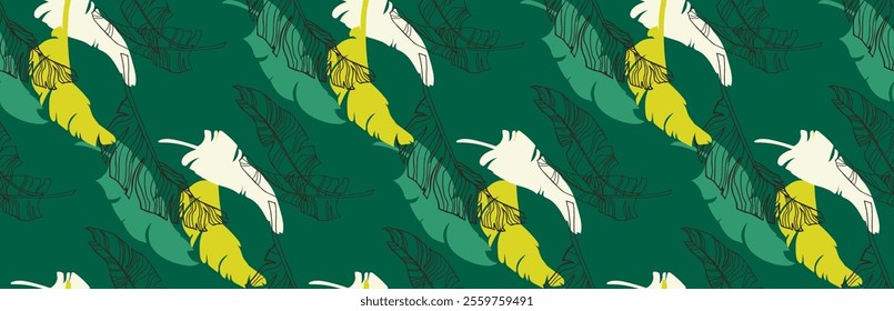 Palm leaves branches exotic Hawaii pattern. Tropical banana tree seamless floral design. Bright background with jungle plants. Vector exotic pattern. Hawaiian picture for textile and fabric. Aloha.