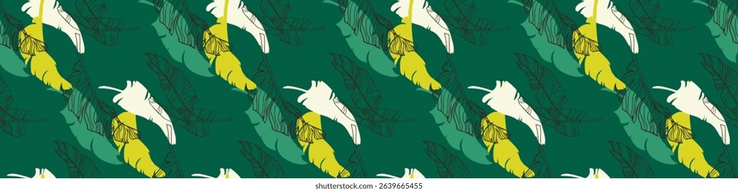 Palm leaves branches exotic Hawaii pattern. Tropical banana tree seamless floral design. Bright background with jungle plants. Vector exotic pattern. Hawaiian picture for textile and fabric. Aloha.