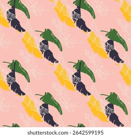 Palmeira deixa ramos padrão havaiano exótico. Bananeira tropical design floral sem costura. Fundo brilhante com plantas da selva. Padrão exótico do vetor. Imagem havaiana para tecido e tecido. Aloha.