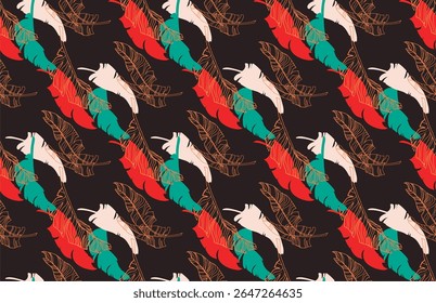 Palmeira deixa ramos padrão havaiano exótico. Bananeira tropical design floral sem costura. Fundo brilhante com plantas da selva. Padrão exótico do vetor. Imagem havaiana para tecido e tecido. Aloha.