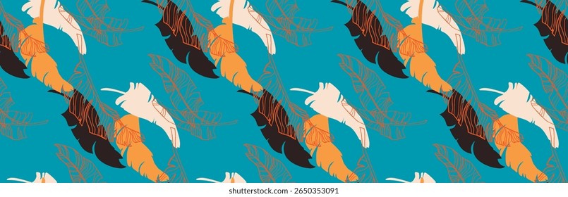 Palmeira deixa ramos padrão havaiano exótico. Bananeira tropical design floral sem costura. Fundo brilhante com plantas da selva. Padrão exótico do vetor. Imagem havaiana para tecido e tecido. Aloha.