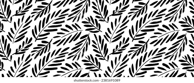 Palm leaves and branches seamless pattern. Brush drawn tropical wallpaper. Modern silhouette foliage seamless pattern. Vector botanical illustration. Hand drawn nature decorative elements.