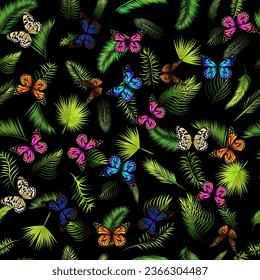 Palm leaves and butterflies seamless pattern on black background. Vector background