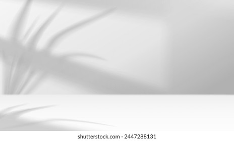 Palm leaves casting shadows on studio wall realistic vector illustration. Product advertising empty space 3d backdrop black and white