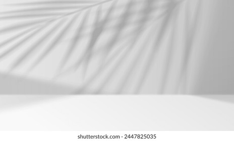 Palm leaves casting shadows on studio wall realistic vector illustration. Product advertising empty space 3d backdrop black and white