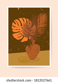 Palm leaves in a ceramic vase. Boho home decor. Modern abstract still life print. Contemporary minimalist art. Nursery decoration, wall art. Neutral terracotta colors, earth tones. Vector