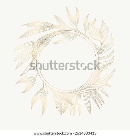 Palm leaves circle frame. Gold luxury line art template. 