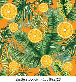 Palm leaves with citrus oranges on a tropical background. Tropical seamless background pattern. Graphic design with amazing palm trees. Realistic palm leaves.