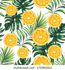 Palm leaves with citrus oranges on a tropical background. Tropical seamless background pattern. Graphic design with amazing palm trees. Realistic palm leaves.