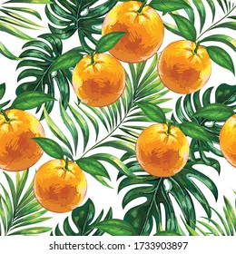Palm leaves with citrus oranges on a tropical background. Tropical seamless background pattern. Graphic design with amazing palm trees. Realistic palm leaves.