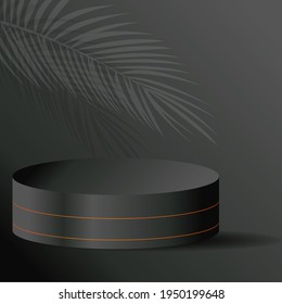 Palm leaves, dark empty pedestal illustration. Exhibition Podium for promotion brand. Tropical summer decor with blank mockup space. Luxury stand for design advertisement.