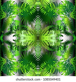 Palm leaves decorative seamless pattern. Vector abstract floral leafy background. Tropical foliage ornaments. Green palm, fern leaves, trees. Modern 3d wallpaper. Luxury ornate design for decoration