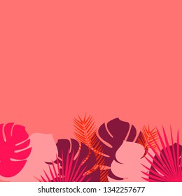 Palm leaves Design template Vector illustration with different tropical leaves on a coral background with copy space