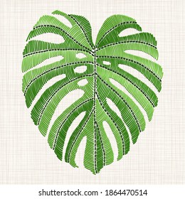 Palm leaves embroidered. Green Tropical Monstera leaves embroidery