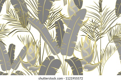 Palm leaves and exotic flowers composition. Vector illustration. Botanical seamless background. Digital nature art.