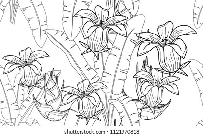 Palm leaves and exotic flowers composition. Vector illustration. Botanical seamless background. Digital nature art.