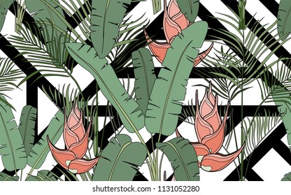 Palm leaves and exotic flowers composition. Vector illustration. Botanical seamless background. Digital nature art.