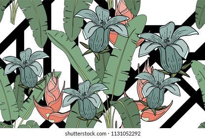 Palm leaves and exotic flowers composition. Vector illustration. Botanical seamless background. Digital nature art.