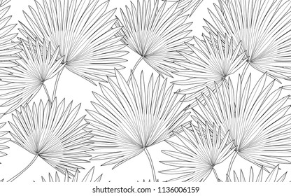 Palm leaves and exotic flowers composition. Vector illustration. Botanical seamless wallpaper. Digital nature art. Cartoon style sketch. White background.