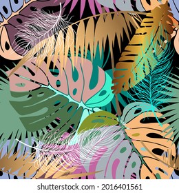 Hojas de palma y plumas sin fisuras. El fondo de las plantas tropicales exóticas. Repita el colorido fondo del folleto. Bonitos adornos florales modernos. Diseño ornamental vectorial brillante. Fondo de escritorio.