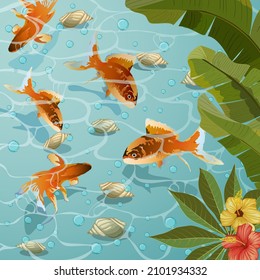 Palm leaves and fish in the water.Colored vector illustration with palm leaves and flowers over gold fish in water.