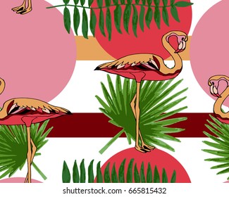 Palm leaves and flamingos, seamless pattern background.