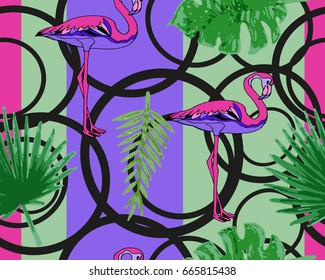 Palm leaves and flamingos, seamless pattern background.