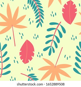Palm leaves flat hand drawn seamless pattern. Leaves botanical background. Summer postcard backdrop. Vector illustration.