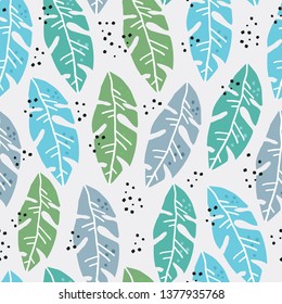 Palm leaves flat handdrawn seamless pattern. Botanical color vector backdrop. Monstera fronds textile ornament. Exotic, tropical foliage plant wrapping paper. Summer postcard backdrop