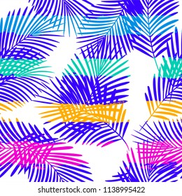 palm leaves floral jungle background. Girly tropical pattern, Exotic plant on stripes illustration. Summer nature print. Leaves of palm tree on paint lines. seamless vector