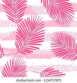 palm leaves floral jungle background. Girly tropical pattern, Exotic plant on stripes illustration. Summer nature print. Leaves of palm tree on paint lines. seamless vector