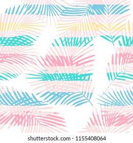 palm leaves floral jungle background. Girly tropical pattern, Exotic plant on stripes illustration. Summer nature print. Leaves of palm tree on paint lines. seamless vector