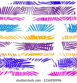 palm leaves floral jungle background. Girly tropical pattern, Exotic plant on stripes illustration. Summer nature print. Leaves of palm tree on paint lines. seamless vector