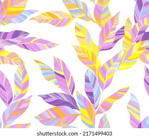 Palm leaves floral vector seamless pattern. Striped texture colorful bush foliage. Textile print with palm tree branches. Summer endless pattern with tropical leaves. Wallpaper cute design
