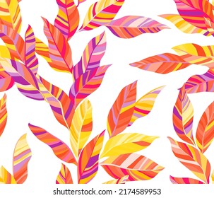 Palm leaves floral vector seamless pattern. Striped texture colorful bush foliage. Textile print with palm tree branches. Summer endless pattern with tropical leaves. Wallpaper cute design