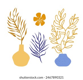Palm leaves, flower, plants and ceramic vases. A set of home decor.Vector