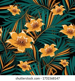 Palm leaves with flowers on a tropical background. Tropical seamless background pattern. Graphic design with amazing palms. Realistic palm leaves.