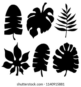 Palm leaves, flowers, pineapple black silhouettes. Hand drawn isolated on white background flat set